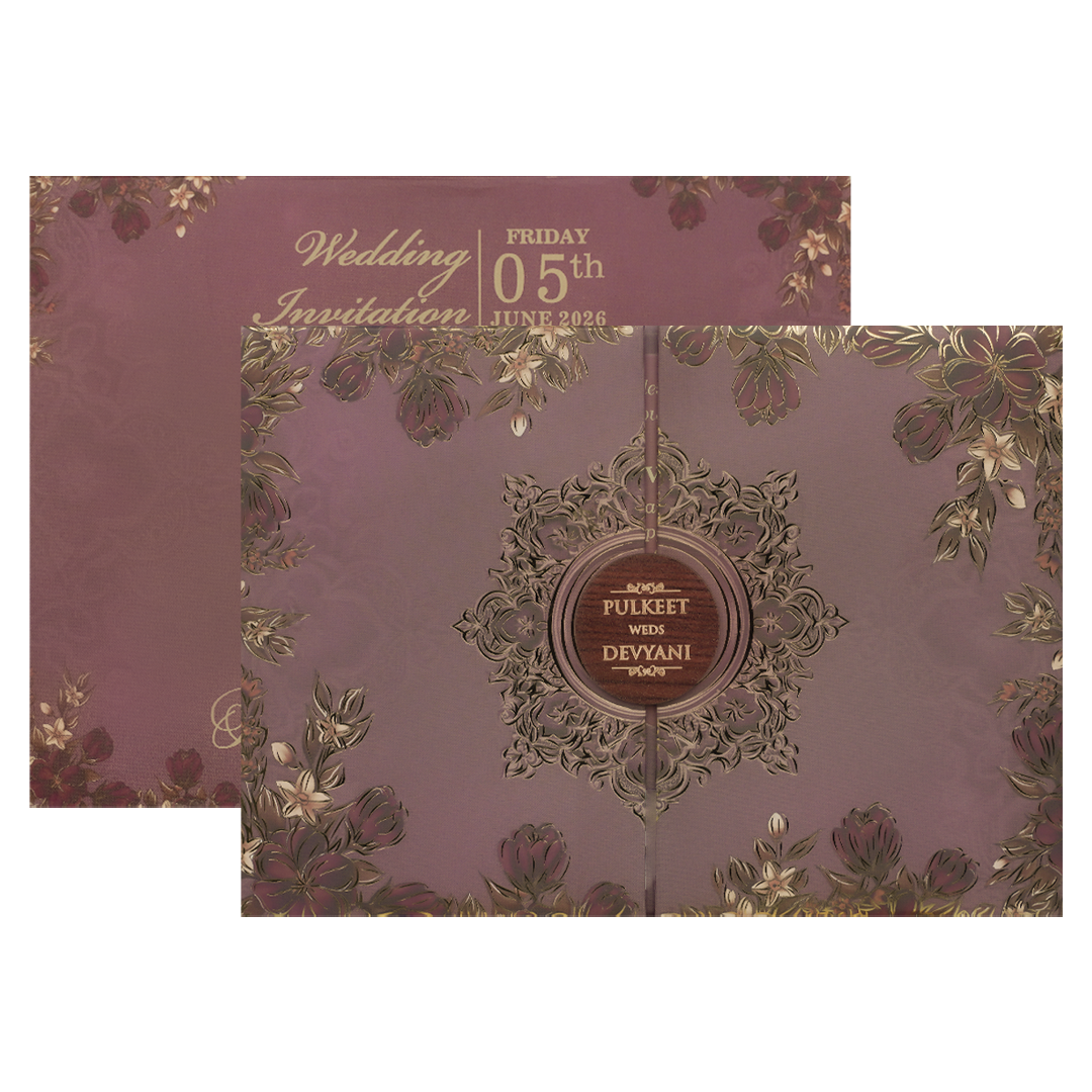 Check out Voilet Floral Gold Padded Wedding Card at best price.✅WhatsApp Support ✅Express Delivery.|King of cards.