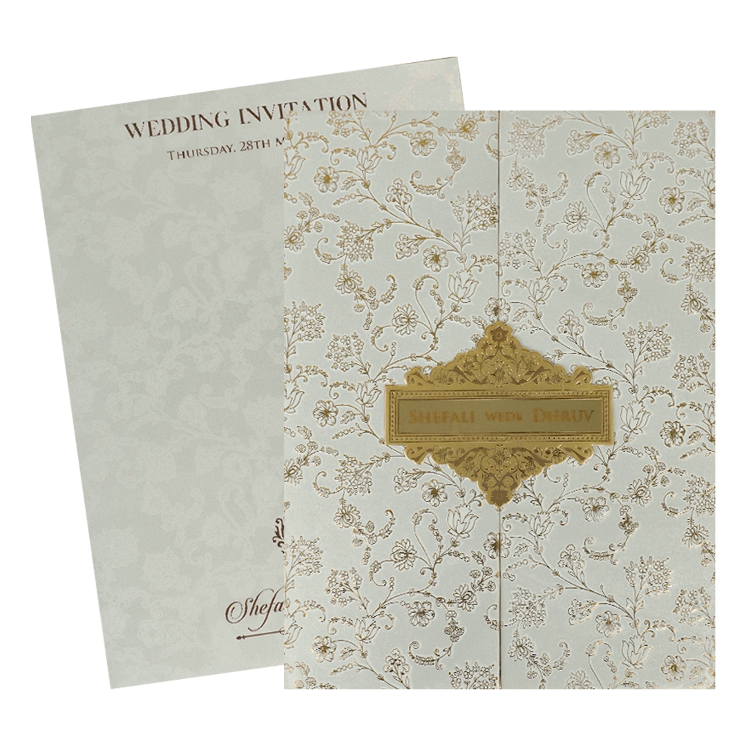 White Gold Foil Floral Padded Wedding card-KRE28240
