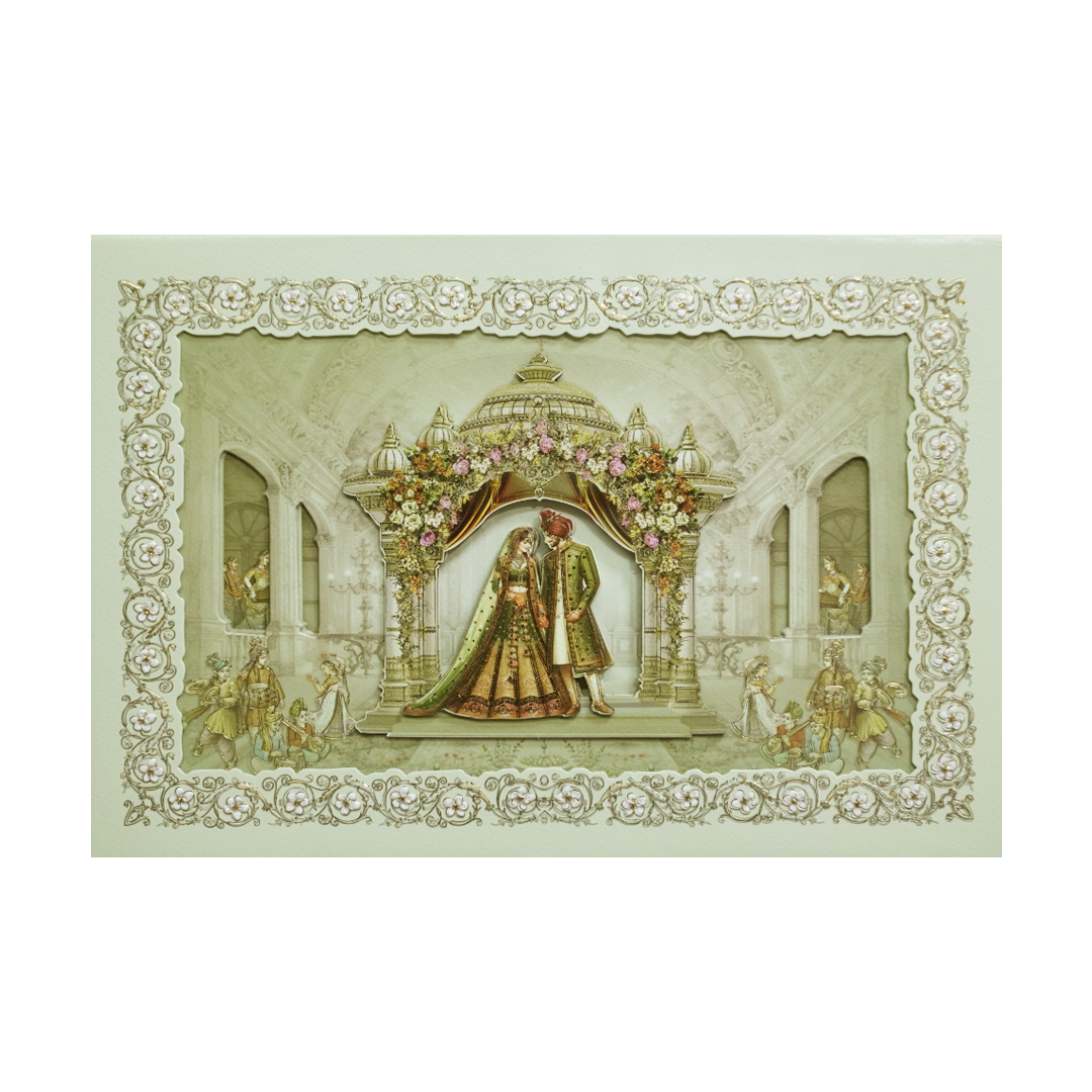Green Gold Royal Palace Bride & Groom Padded Wedding Card - KMMEX8080