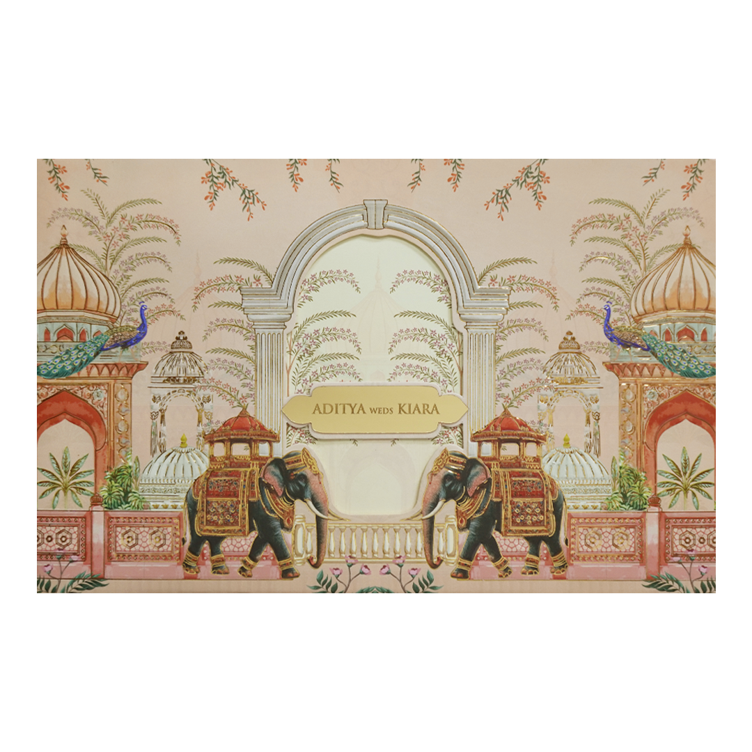 Cream Palace Elephant Theme Wedding Card - KFR16340