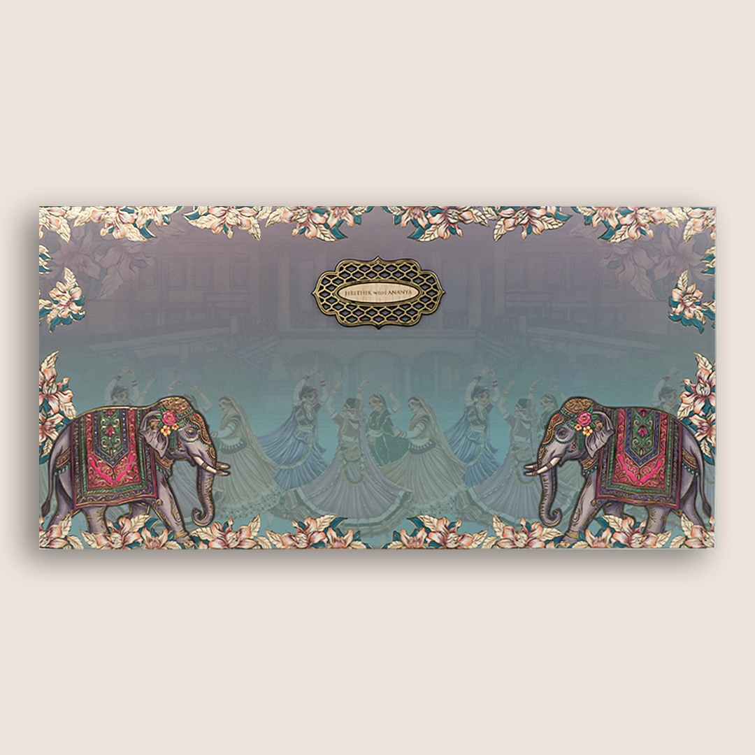 Blue Floral Embossed Elephant Padded Wedding Invitation- KVN07820