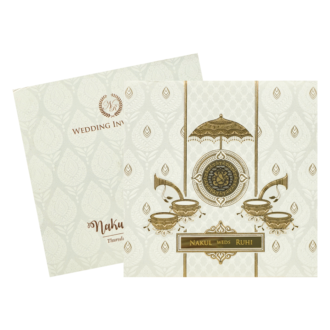 White Musical Ganesha Padded Wedding Card-KRE28270
