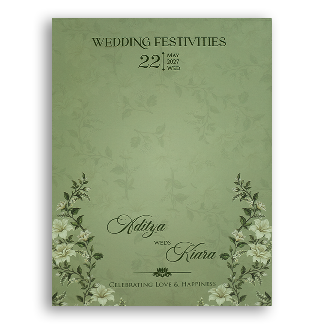 Green Embossed Lilly Flower Door Style Padded Wedding Card - KFR17510