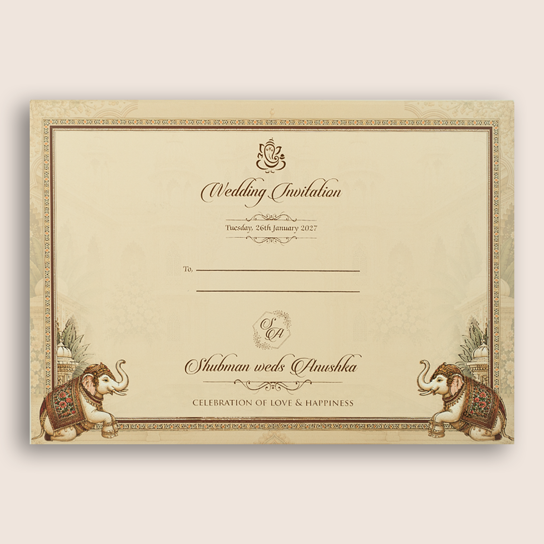 Beige Royal Palace Elephant Padded Wedding Card - KRB10730