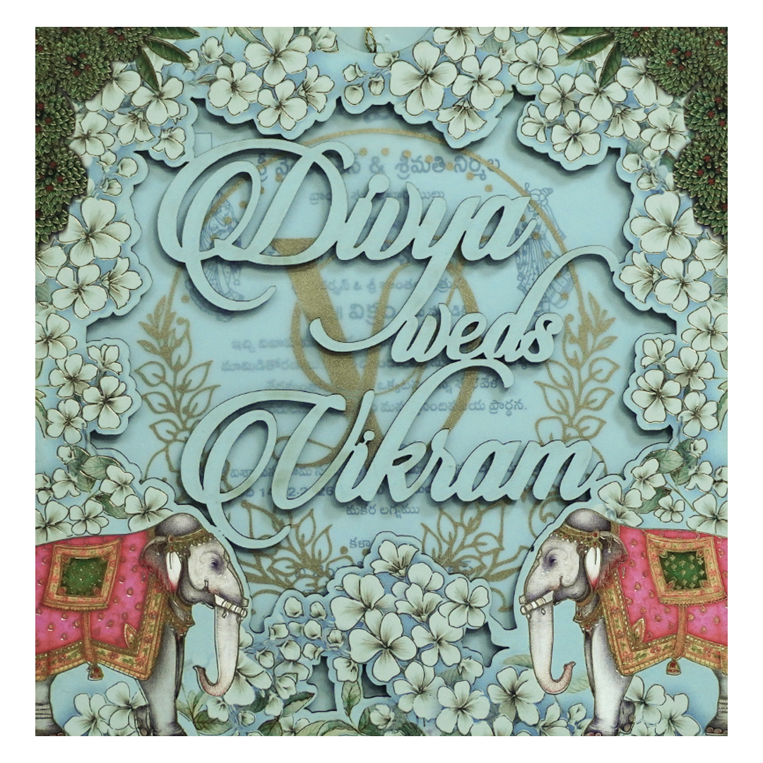 Blue Laser-Cut Floral Elephant Wedding Card - KNPL5805