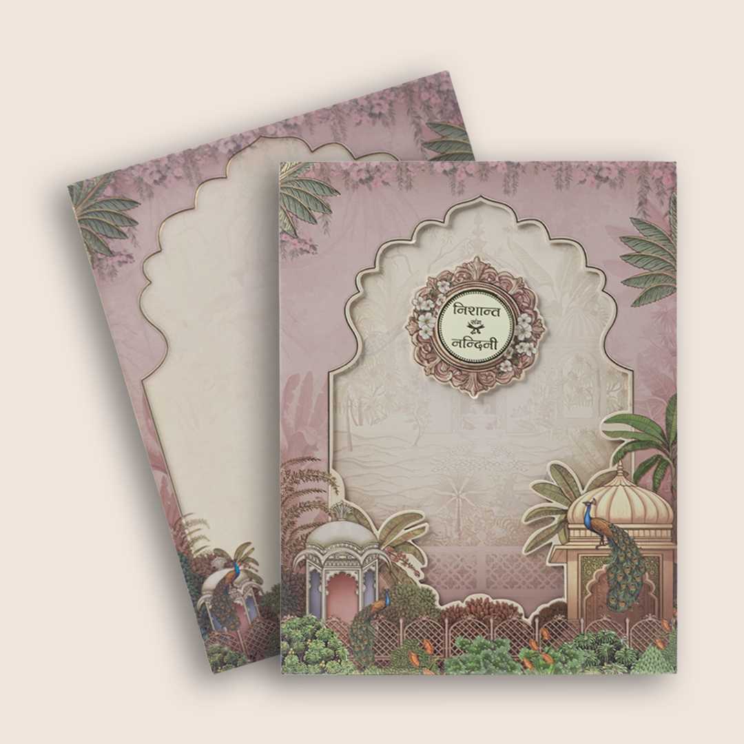 Pastel Pink Jharokha Padded Laser Cut Wedding Card - KAA05930