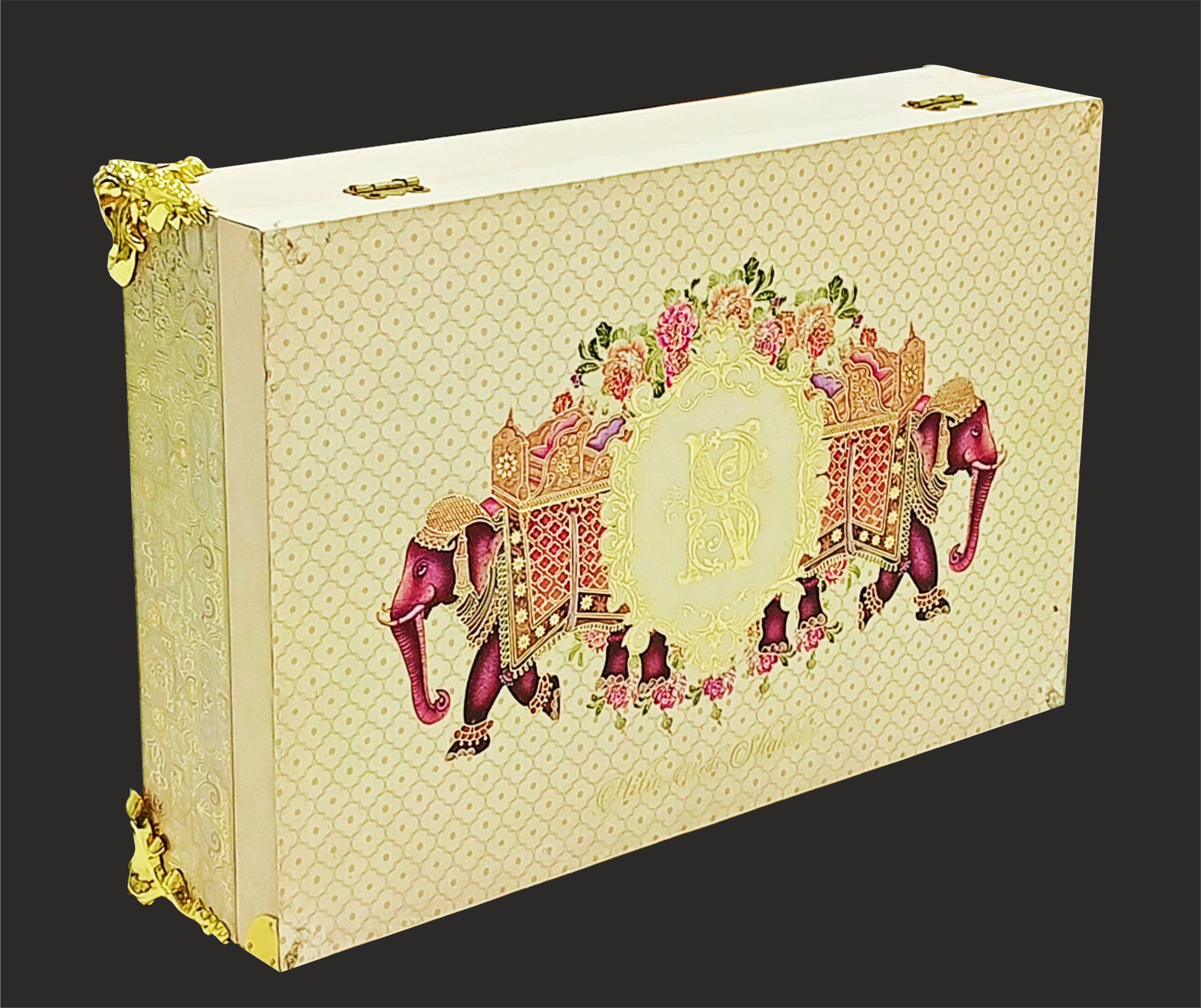 Cream Ultra Premium Box Invitation Card In Elephant Theme-KNKUP001