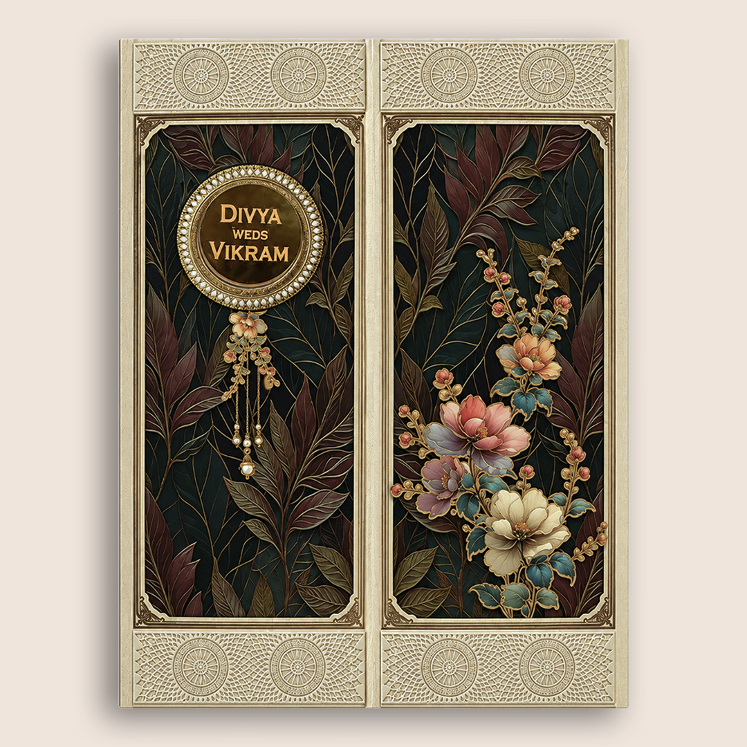 Cream Floral Door Style Wedding Invitation Card - KNKN6324