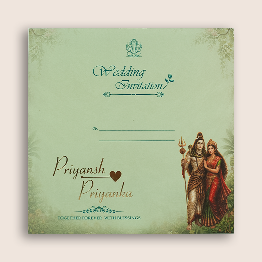 Green Padded Lord Shiva Parvathi Door Style Wedding Invitation - KSH18740