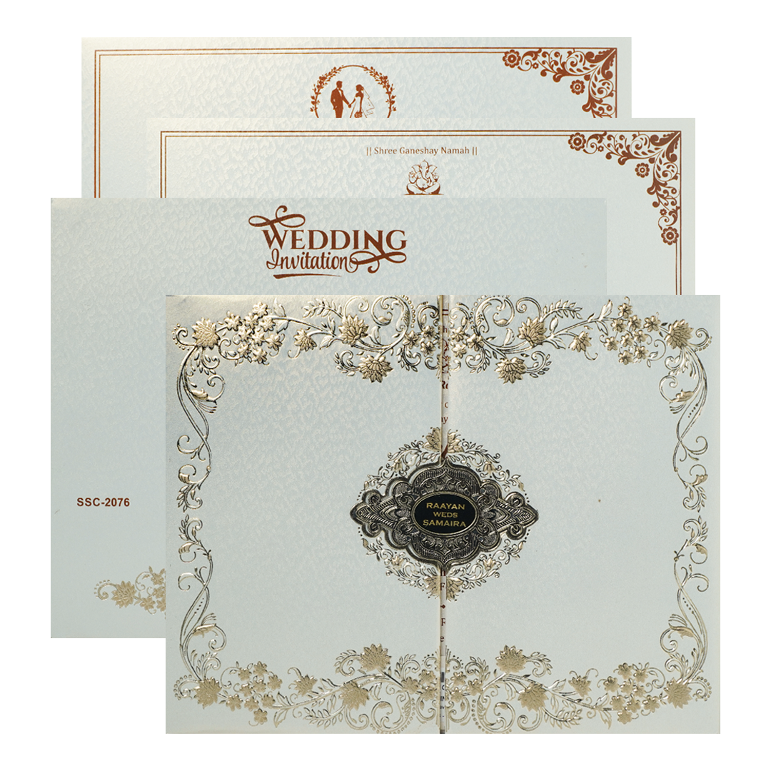 White Gold Floral Ornate Padded Wedding Card-KSSC2076