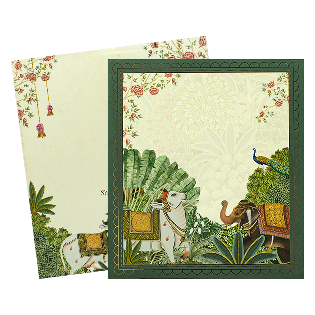Green Elephant Peacock Padded Wedding Card-KBM05250