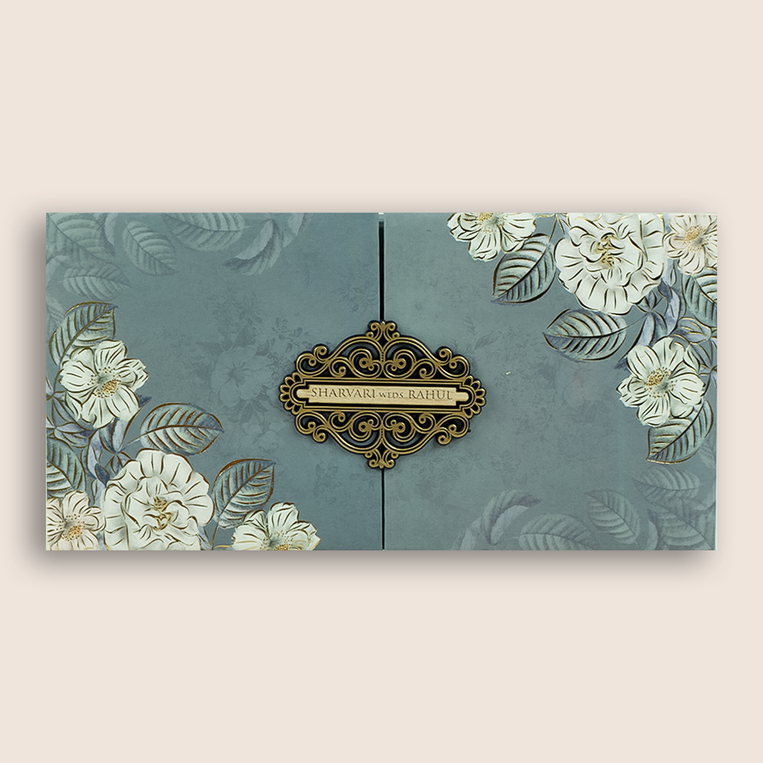 Pastel Blue Floral Padded Door Style Wedding Card - KVN06860