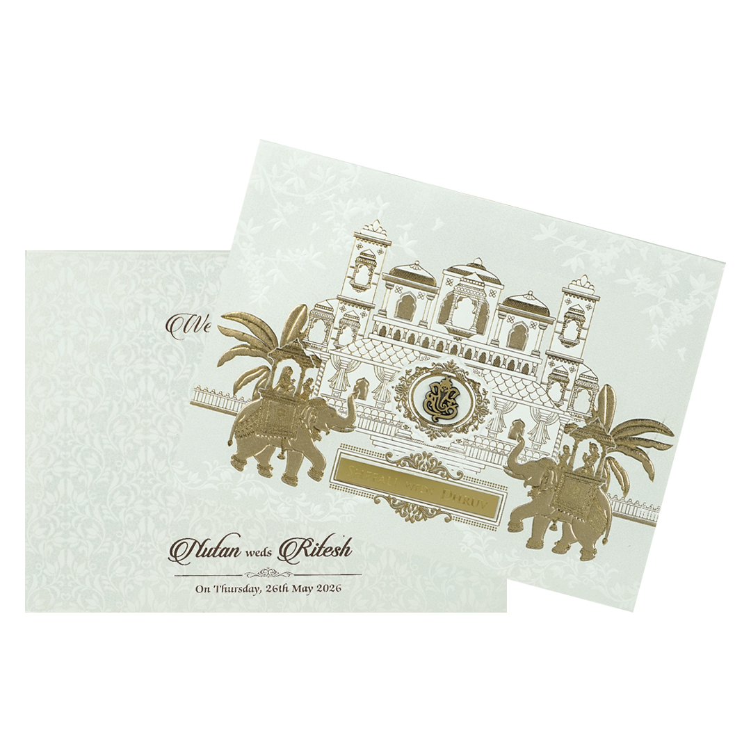 White Palace Royal Elephant Padded Wedding Card-KRE28360