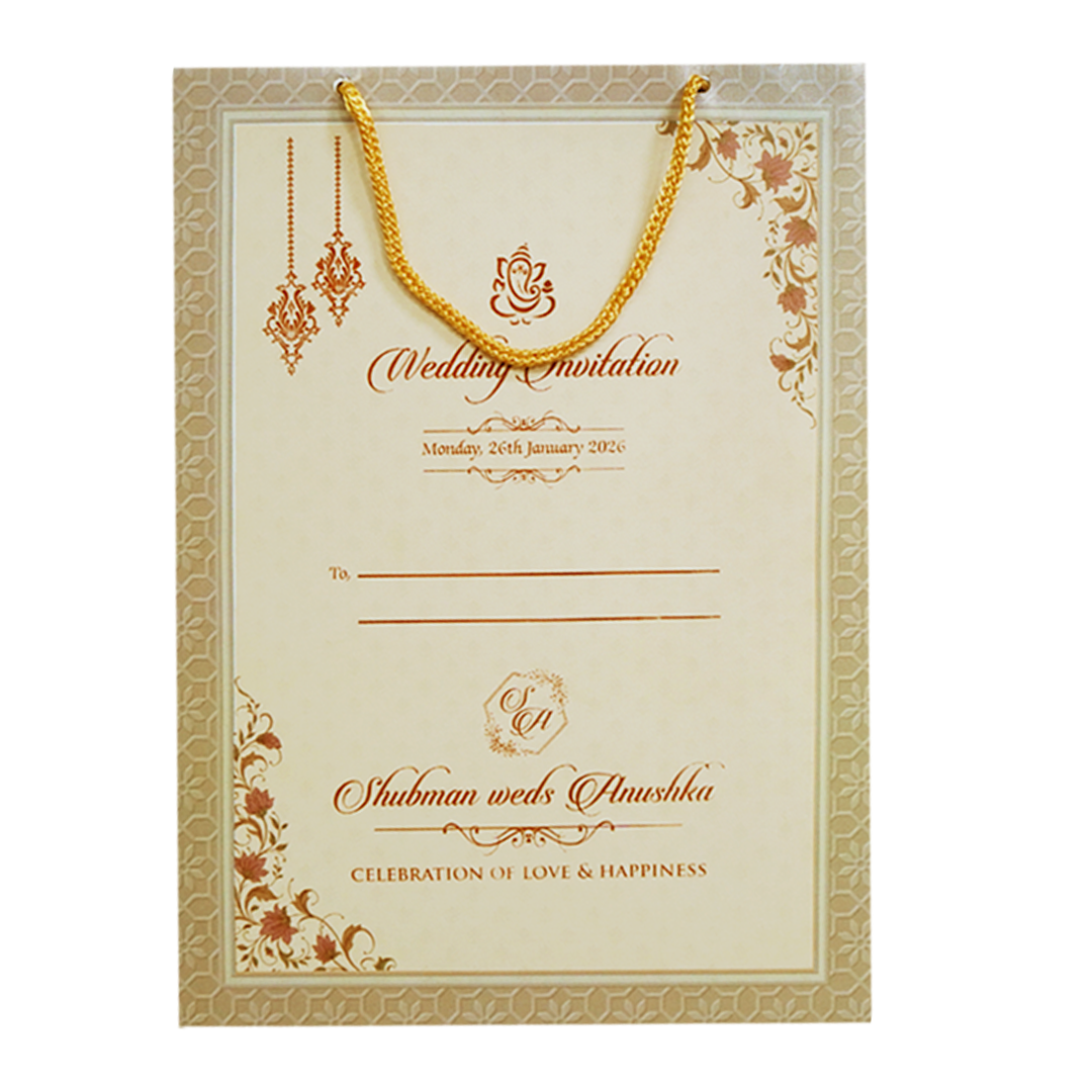 Cream Padded Embossed with Bag Wedding Invitation Card-KRB09560