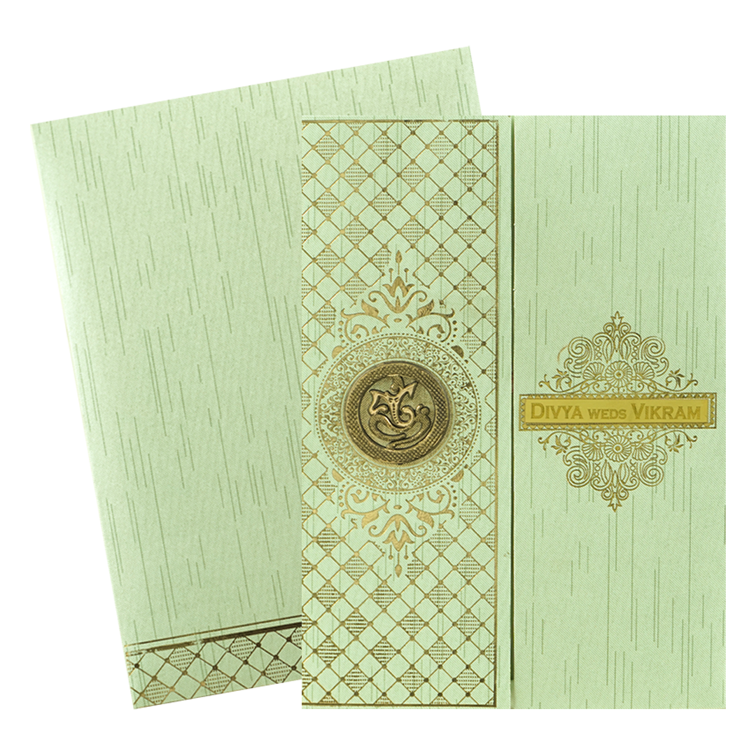 Green Ganesha Gatefold Wedding Card-KNKR040GN