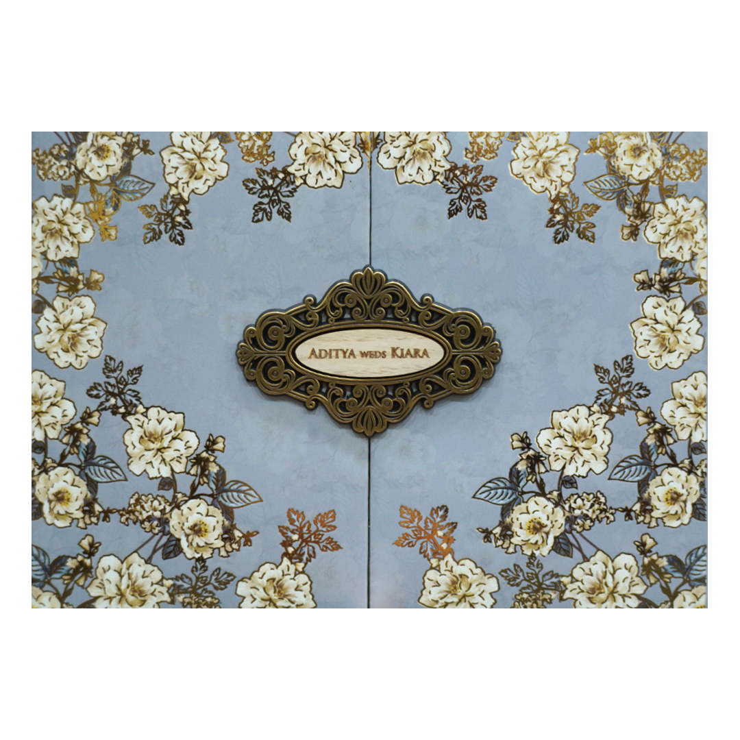 Blue Golden Floral Padded Wedding Card - KFR16400