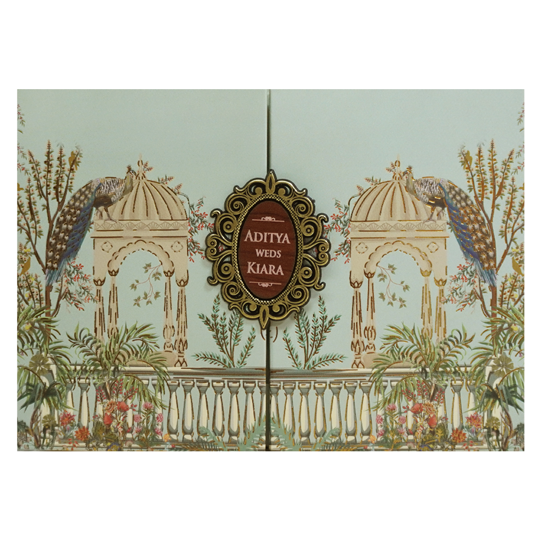 Royal Peacock Pastel Green Wedding Card - KFR16390