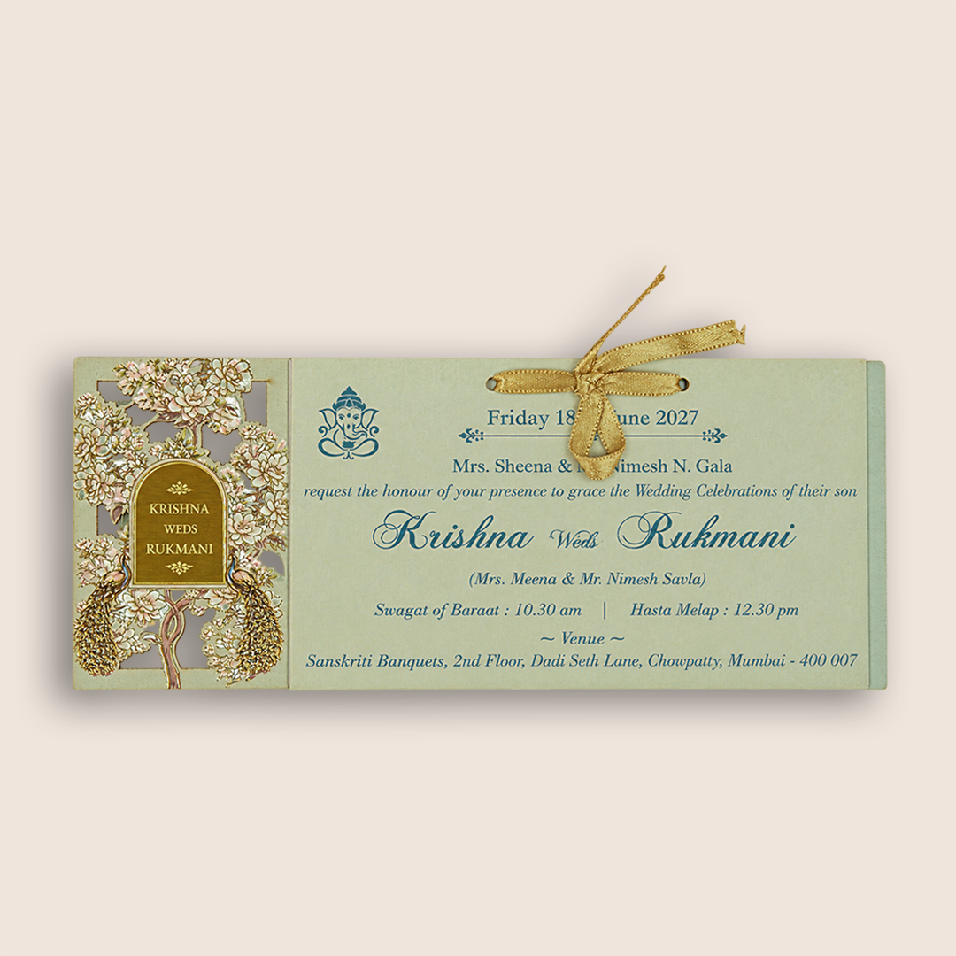 Pastel Green MDF Floral Laser Cut Wedding Card - KJTS1911