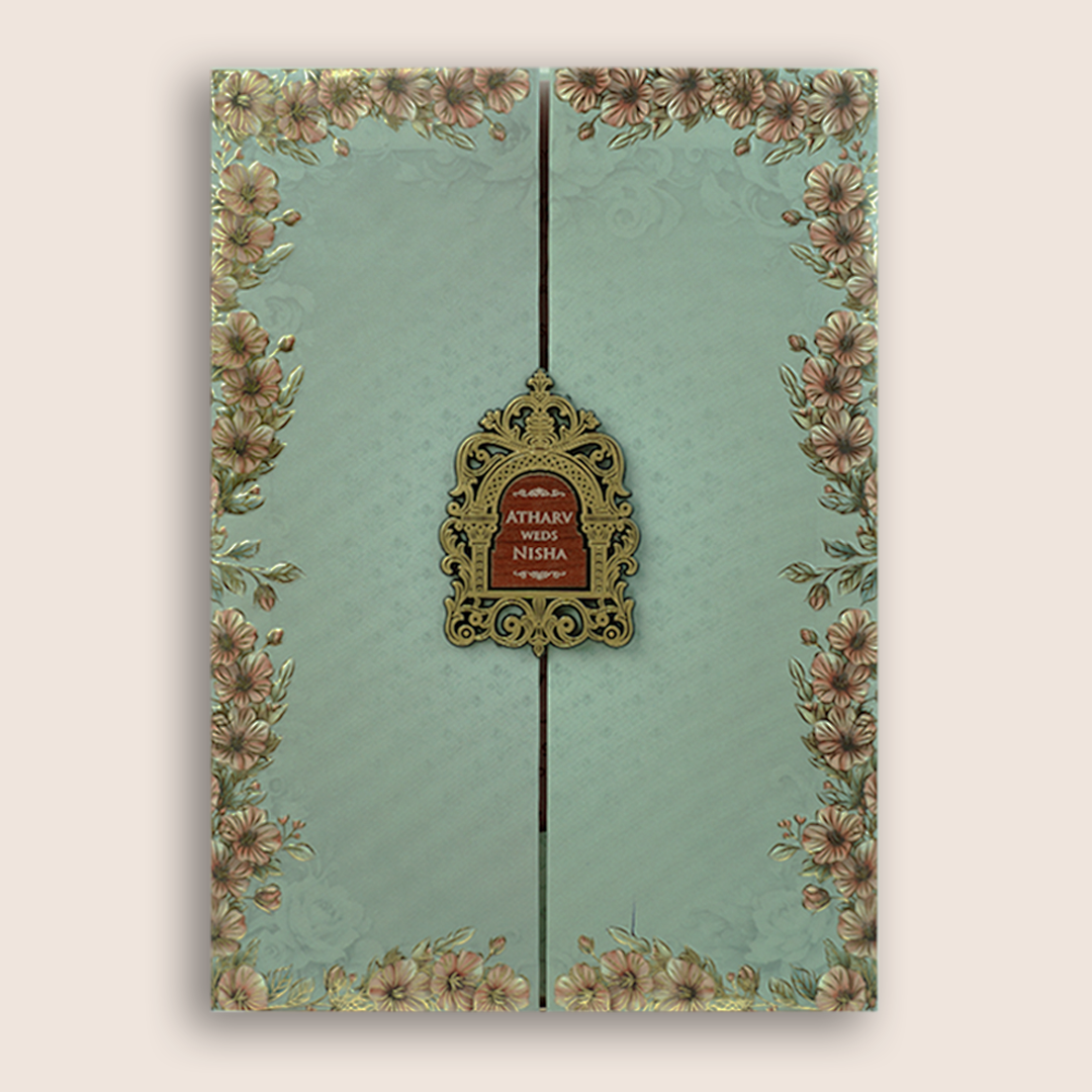Olive Green Floral Door Style Padded Wedding Card - KVN07770