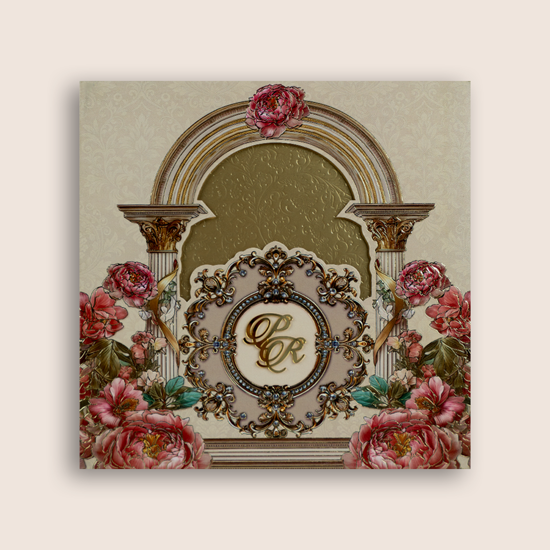 Ivory Embossed Floral Arch Padded Invitation Card - KPR026070