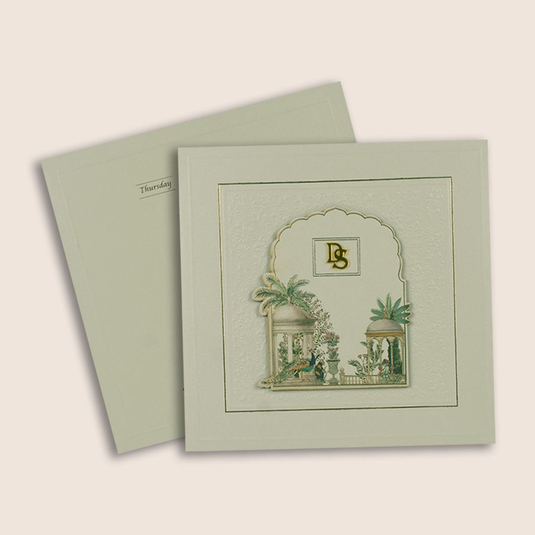 Grey Embossed Floral Peacock Padded Wedding Card - KPR025150