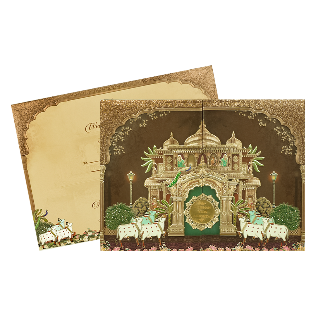 Brown Gold Royal Temple Padded Wedding Card-KRB09270