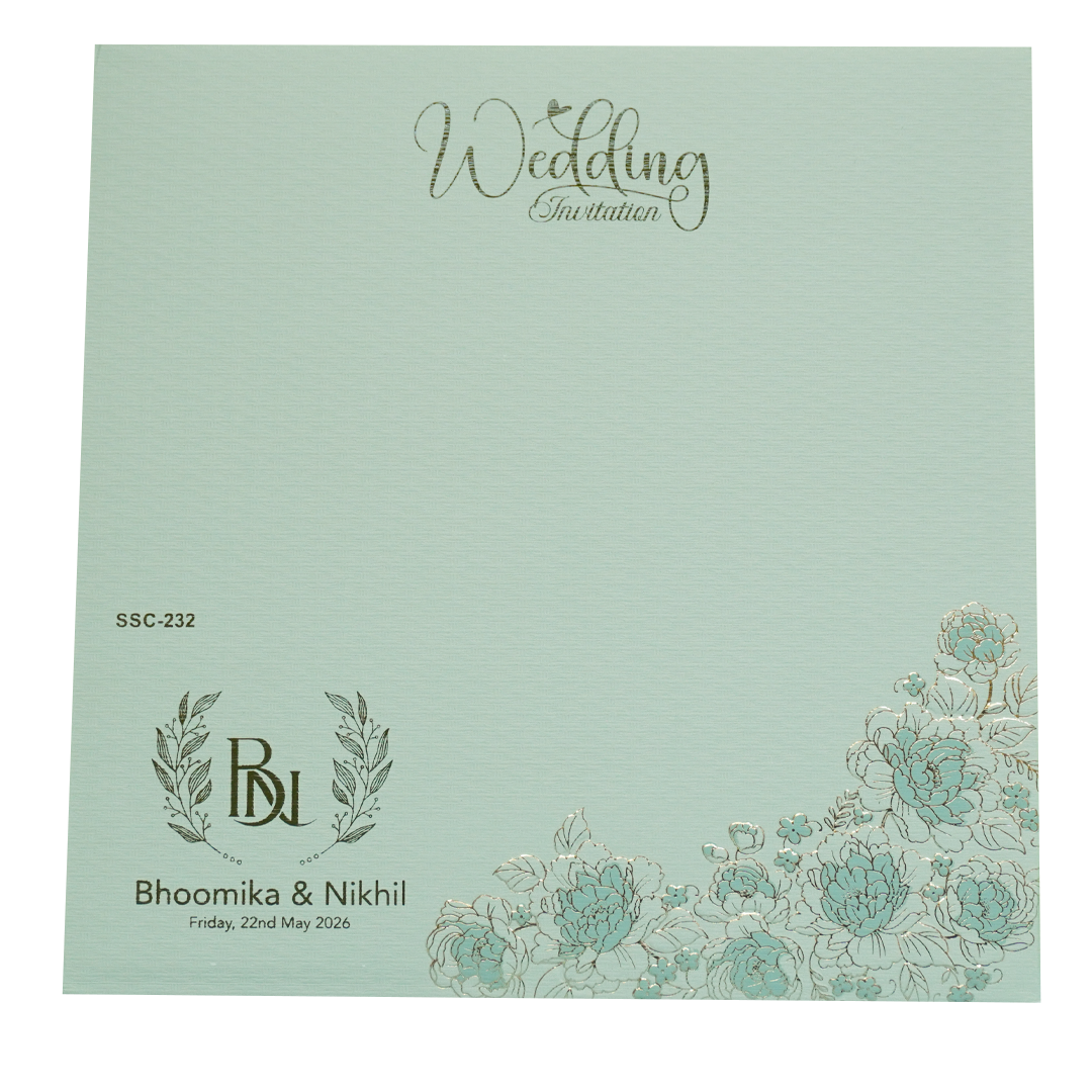 Blue Floral Gold Padded Wedding Card - KSSC2320