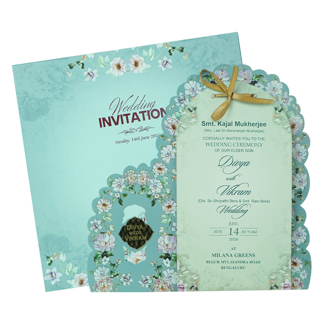 Blue Laser Cut Floral Wedding Card - KNBS3404