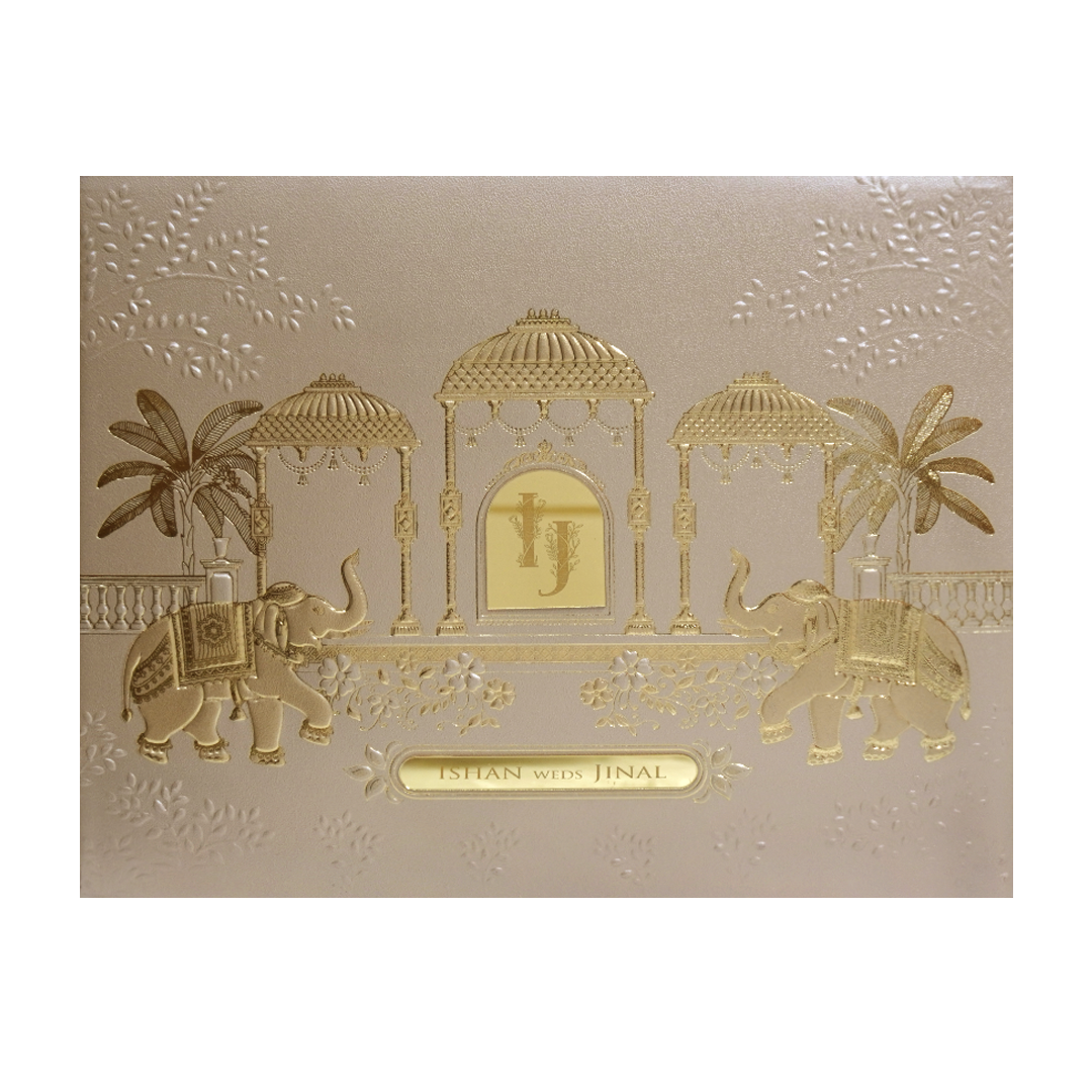 Beige Gold Padded Royal Elephant Embossed Wedding Card - KMMWD1108