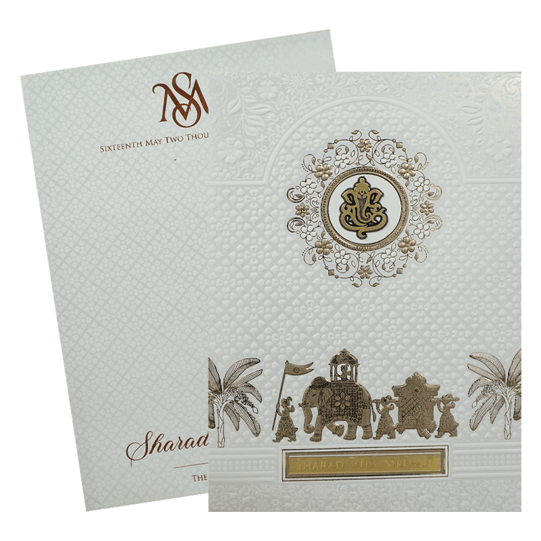 White Ganesha Procession Wedding card-KRE28640