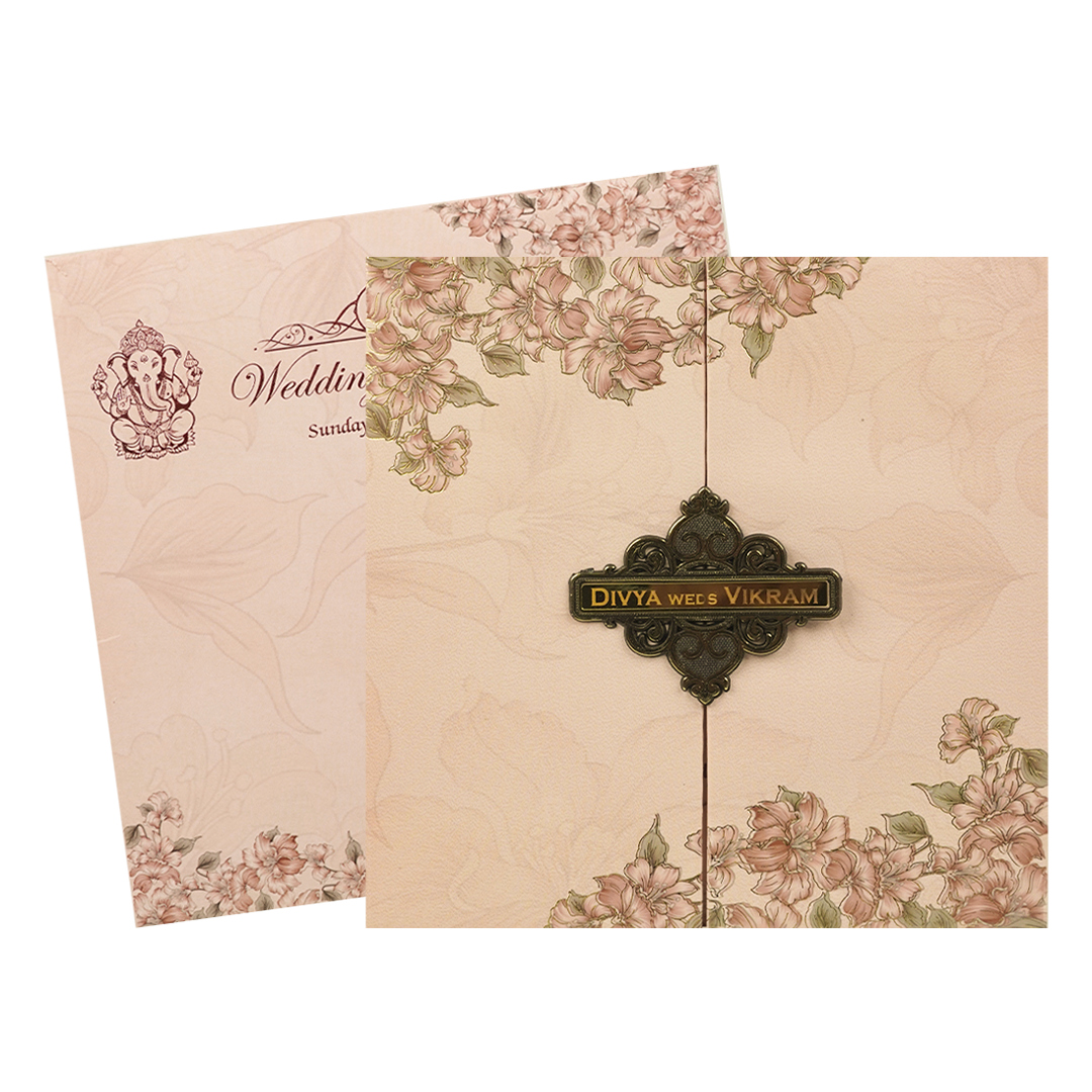 Pink Floral Damask Padded Wedding Card-KNPO5523P