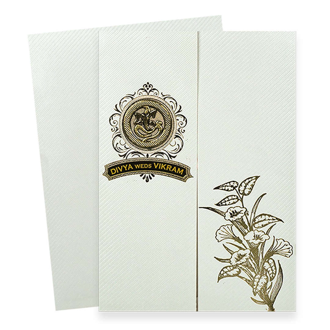 White Ganesha Floral Wedding Card-KNKTW047