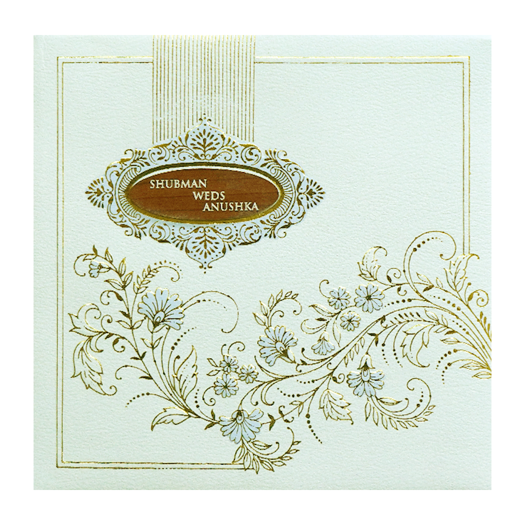 White Gold Embossed Padded Floral Wedding Invitation Card-KRB09580