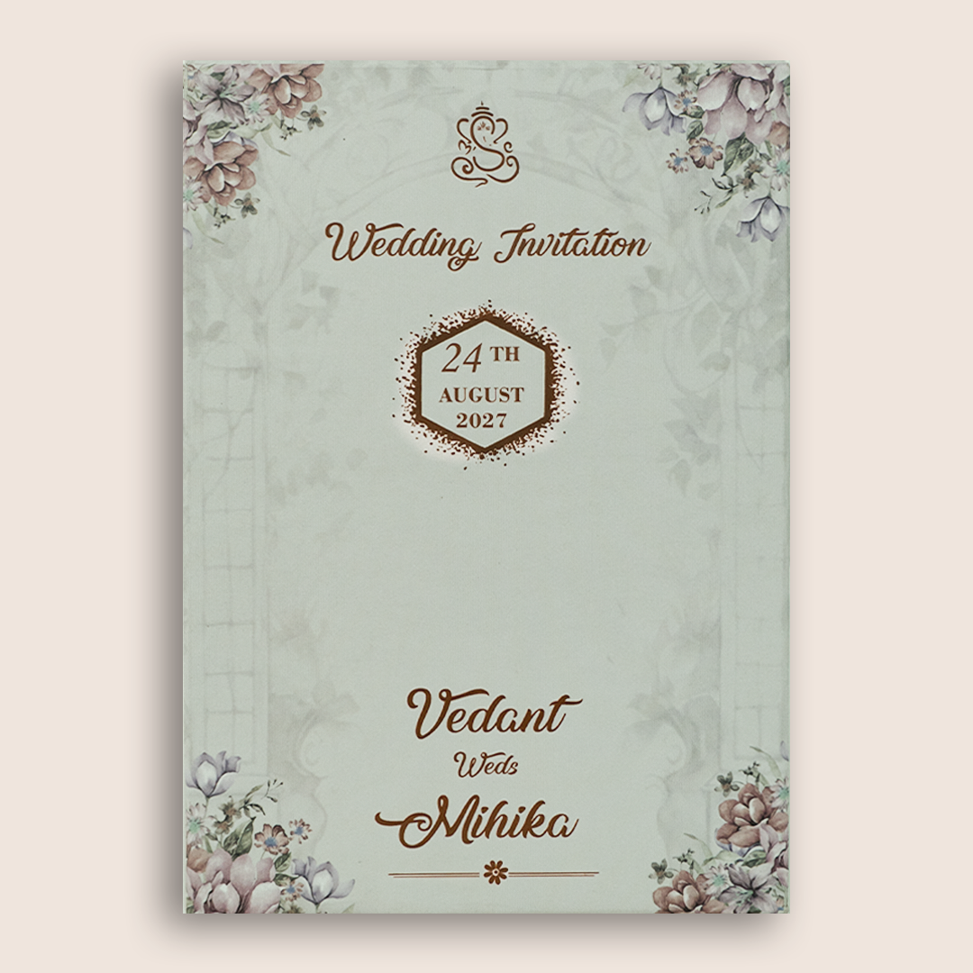 Grey Floral Padded Door Style Marriage Invitation Card - KVN07070