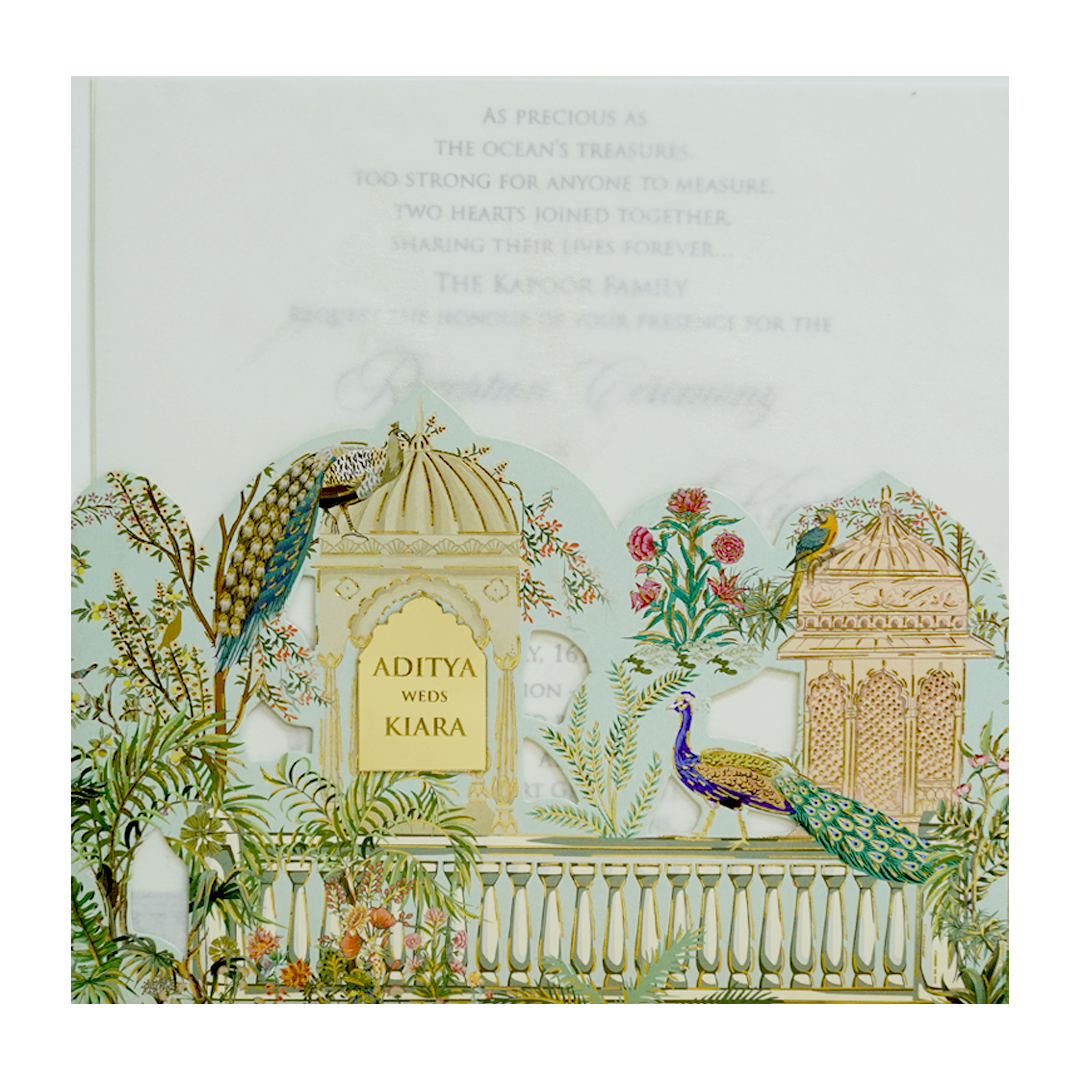 Pastel Green Peacock Dome Wedding Card-KFR15200