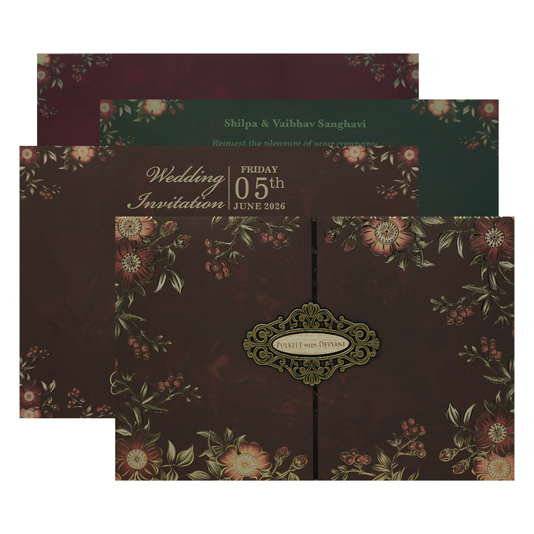 Check out Brown Floral Padded Wedding Card at best price. ✅WhatsApp Support ✅Express Delivery.|King of cards.