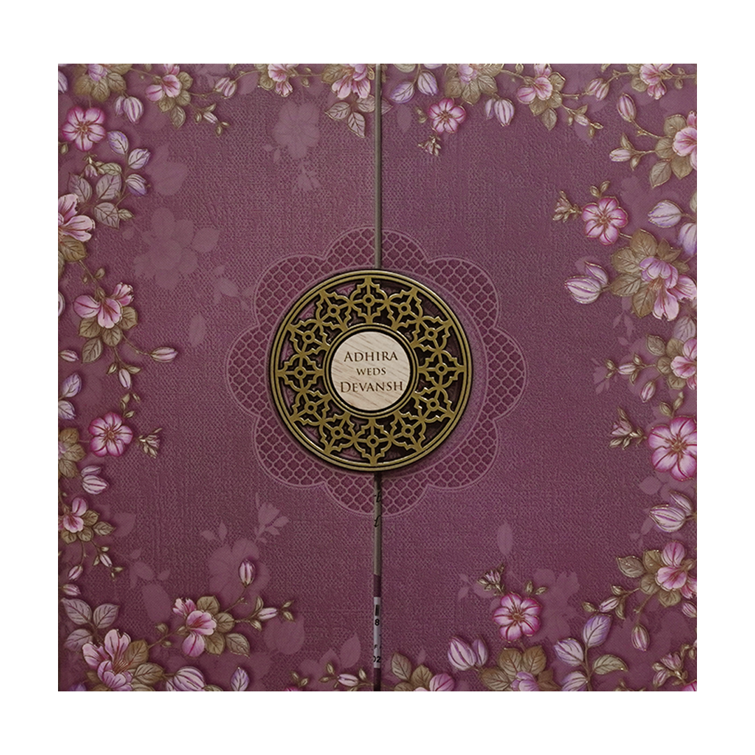 Purple Floral Padded Wedding Card - KSH72800