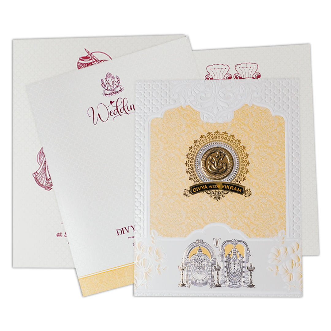 Yellow Embossed Balaji Padded Wedding Card-KNMS9310
