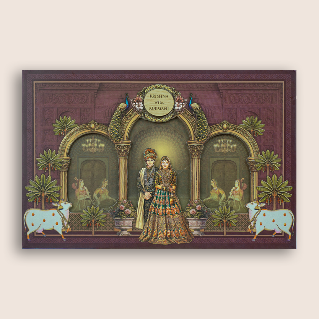 Purple Kamadhenu Royal Bride Groom Laser Cut Padded Invitation Card - KJTS1917