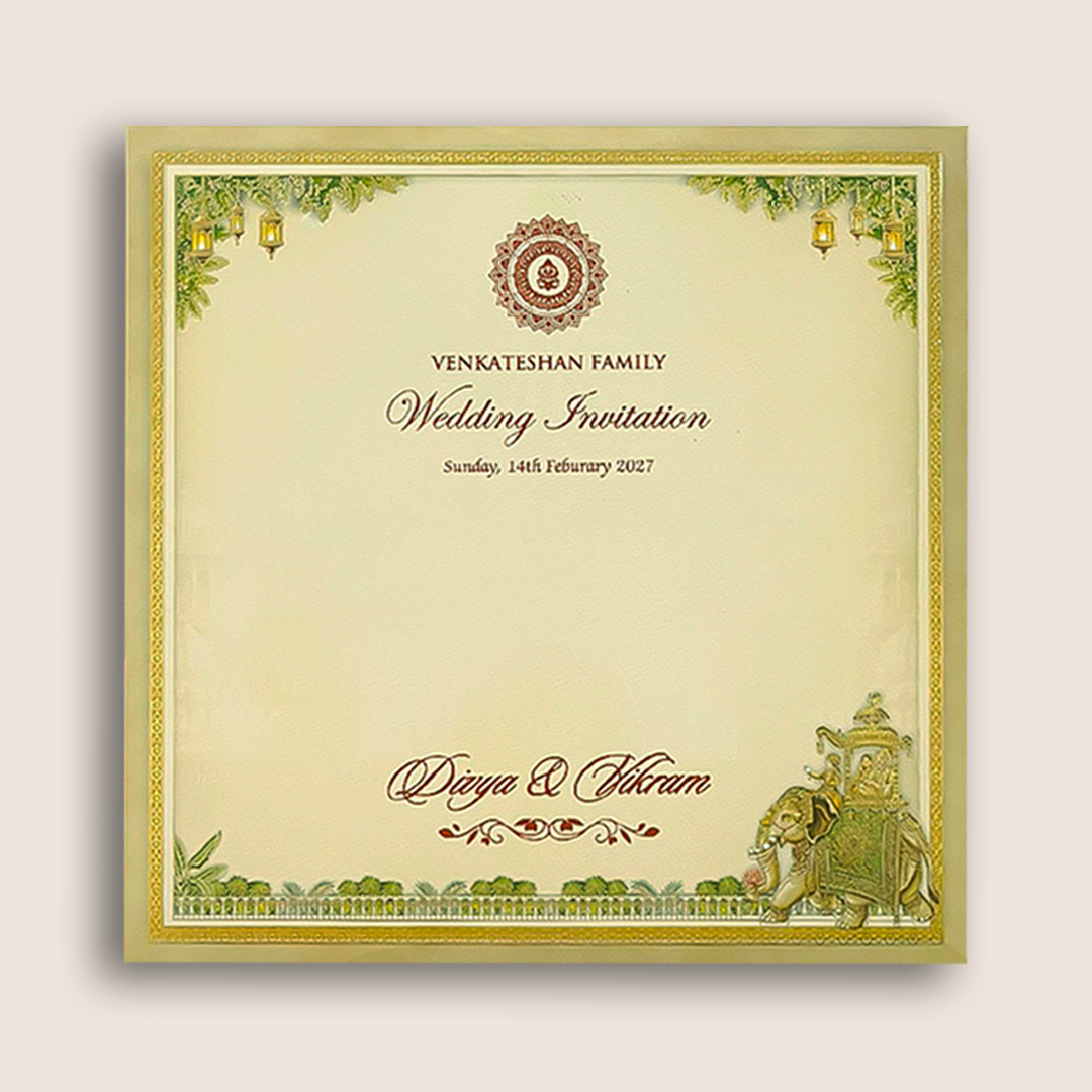 Beige Palace Elephant Padded Wedding Card - KNAM4905
