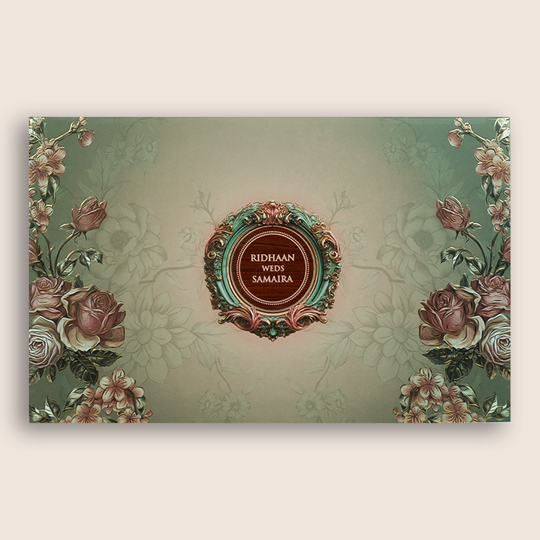 Green Rose Floral Embossed Padded Wedding Card - KVN07250