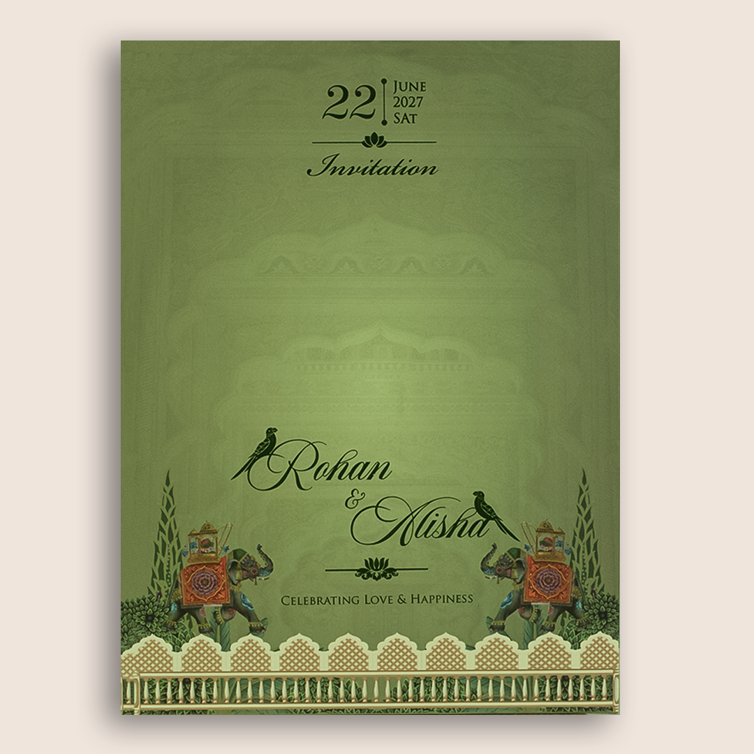 Green Elephant Door Style Padded Wedding Invitation - KFR17290