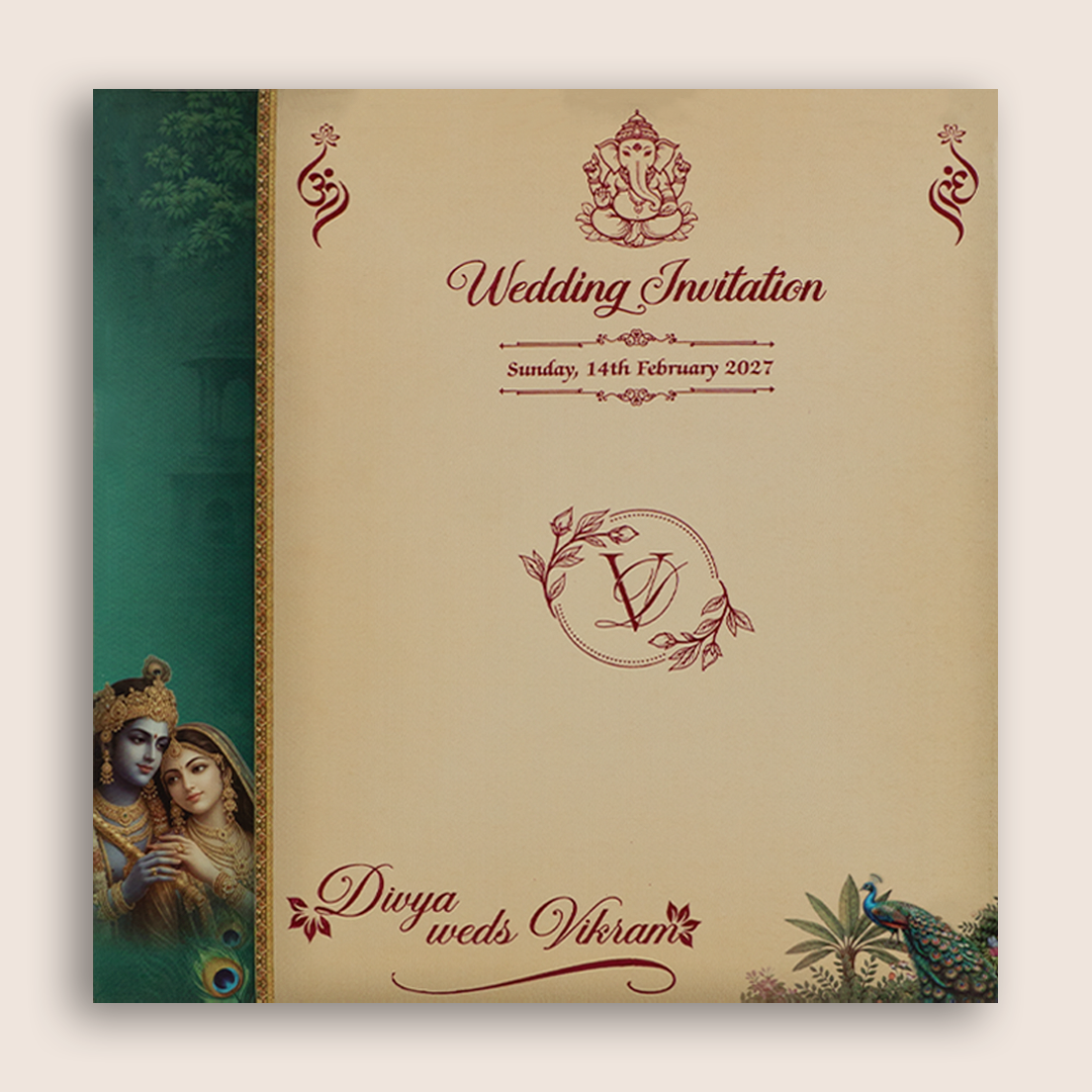 Teal Green Radha Krishna Door Style Wedding Card - KNSR8814