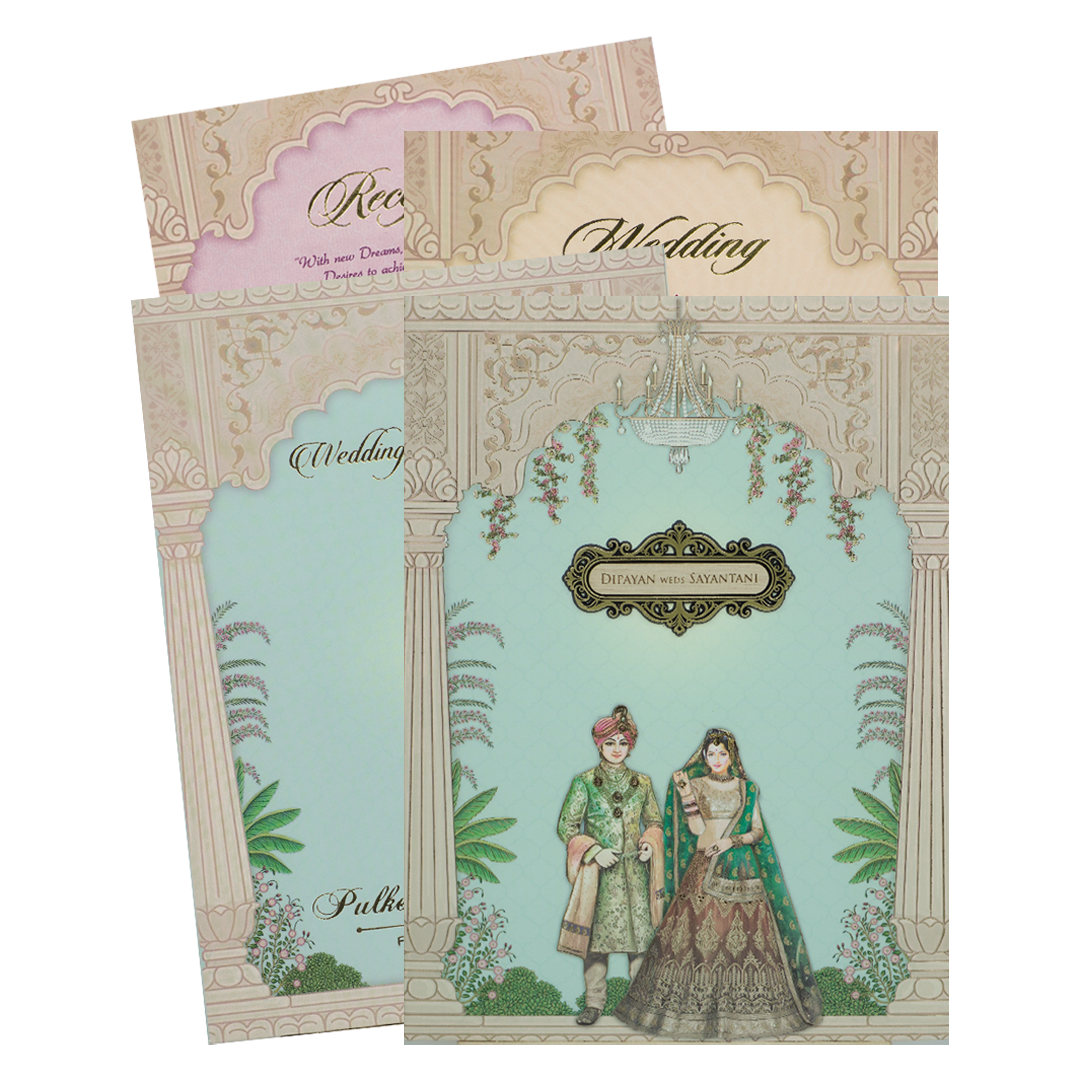 Check out Pastel Blue Couple Padded Wedding Card at best price.✅WhatsApp Support ✅Express Delivery.|King of cards.