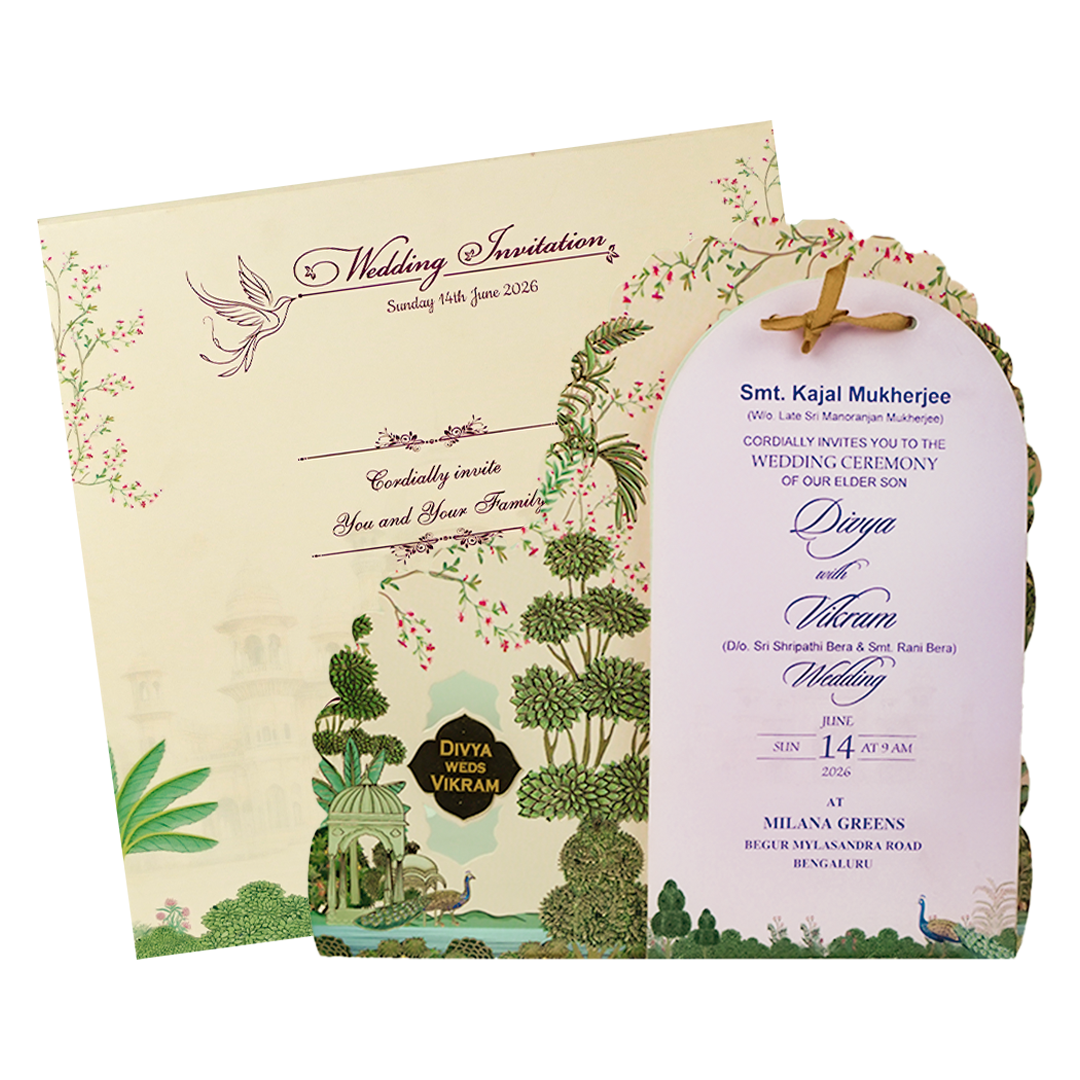 Pink Laser-Cut Floral Peacock Wedding Card - KNBS3402