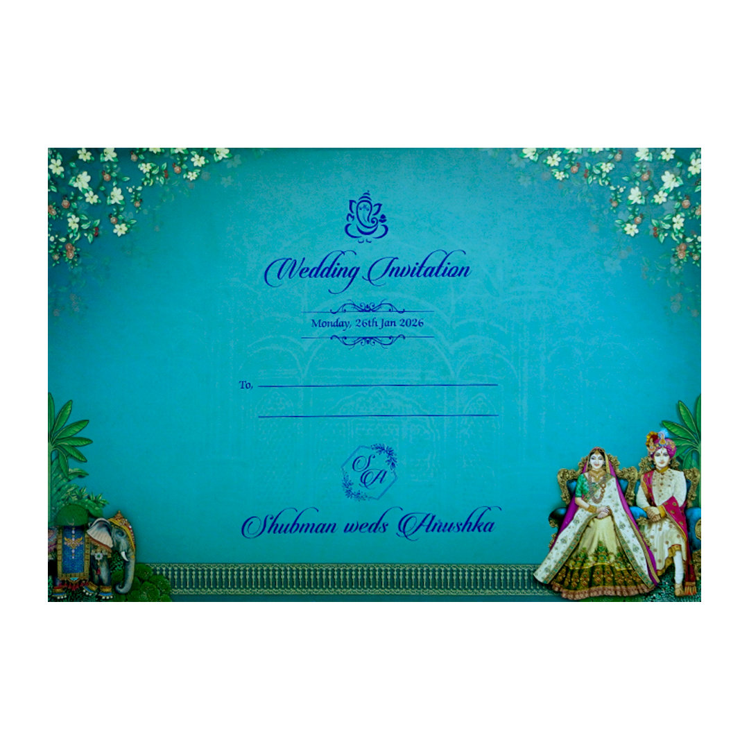 Royal Teal Bride and Groom Gold Foil Wedding Invitation Card-KRB09070