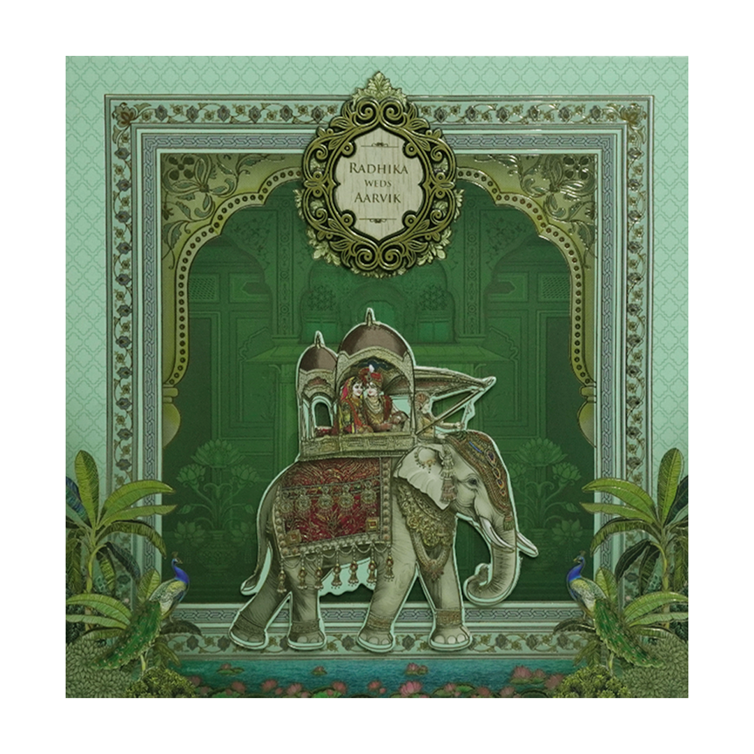 Green Royal Elephant Padded Wedding Card - KSH72650
