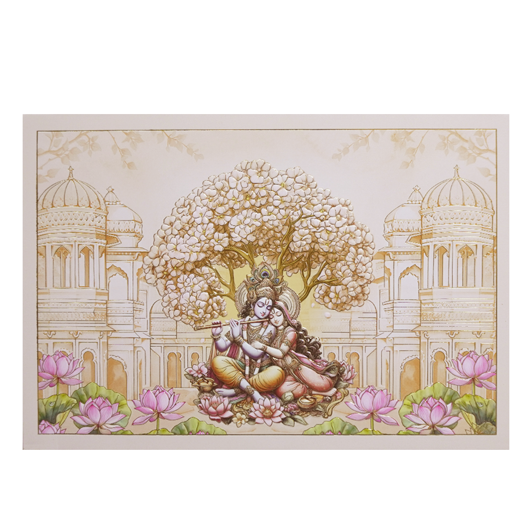 Orange Radha Krishna Palace Padded Wedding Card - KMMWD1145