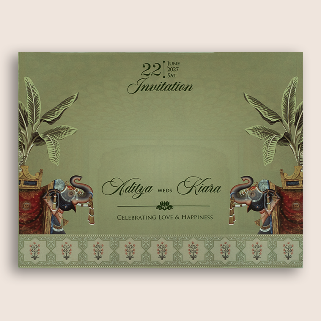Green Elephant Laser Cut Marriage Invitation - KFR17220