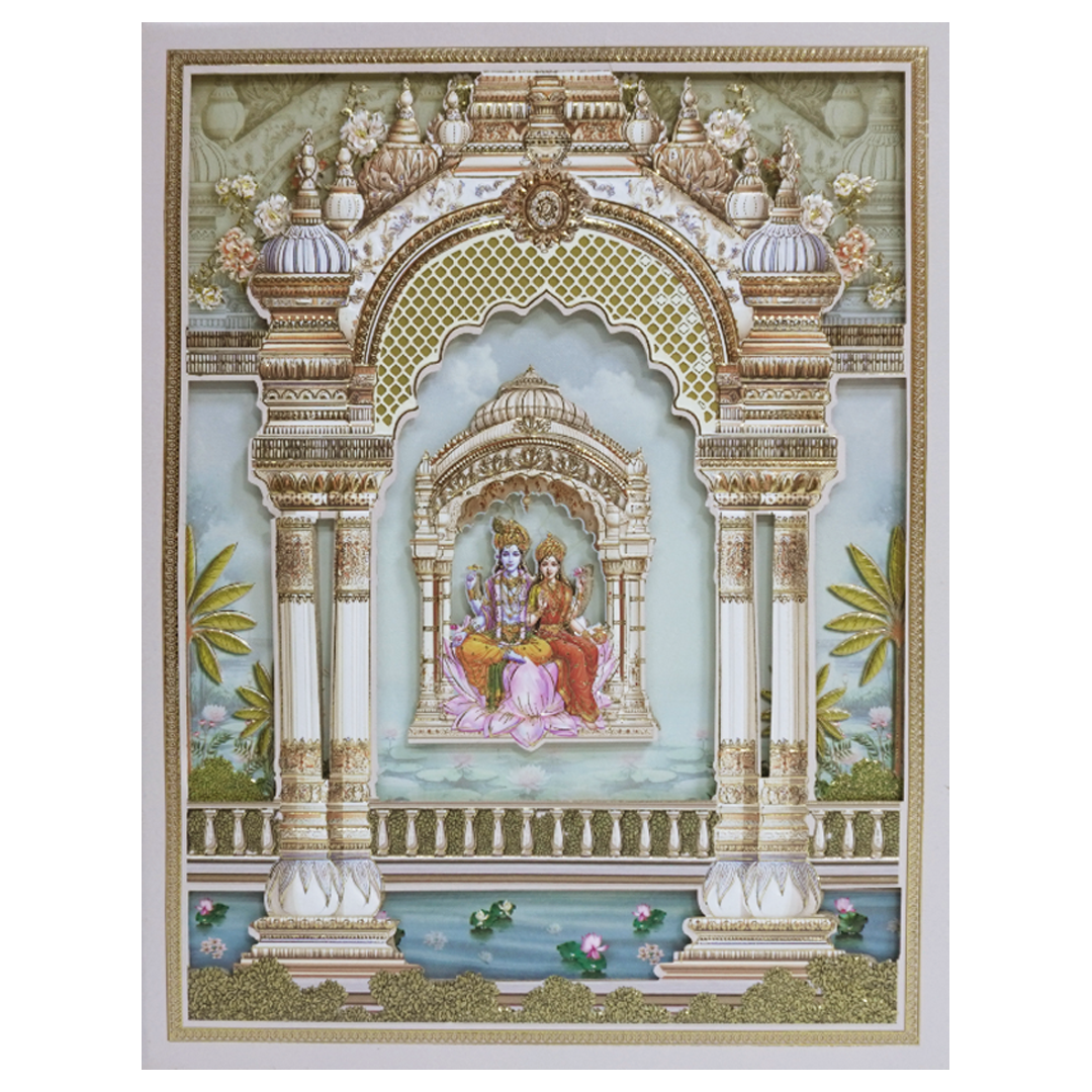 Green Gold Radha Krishna 3D Palace Padded Wedding Card-KMMEX8160